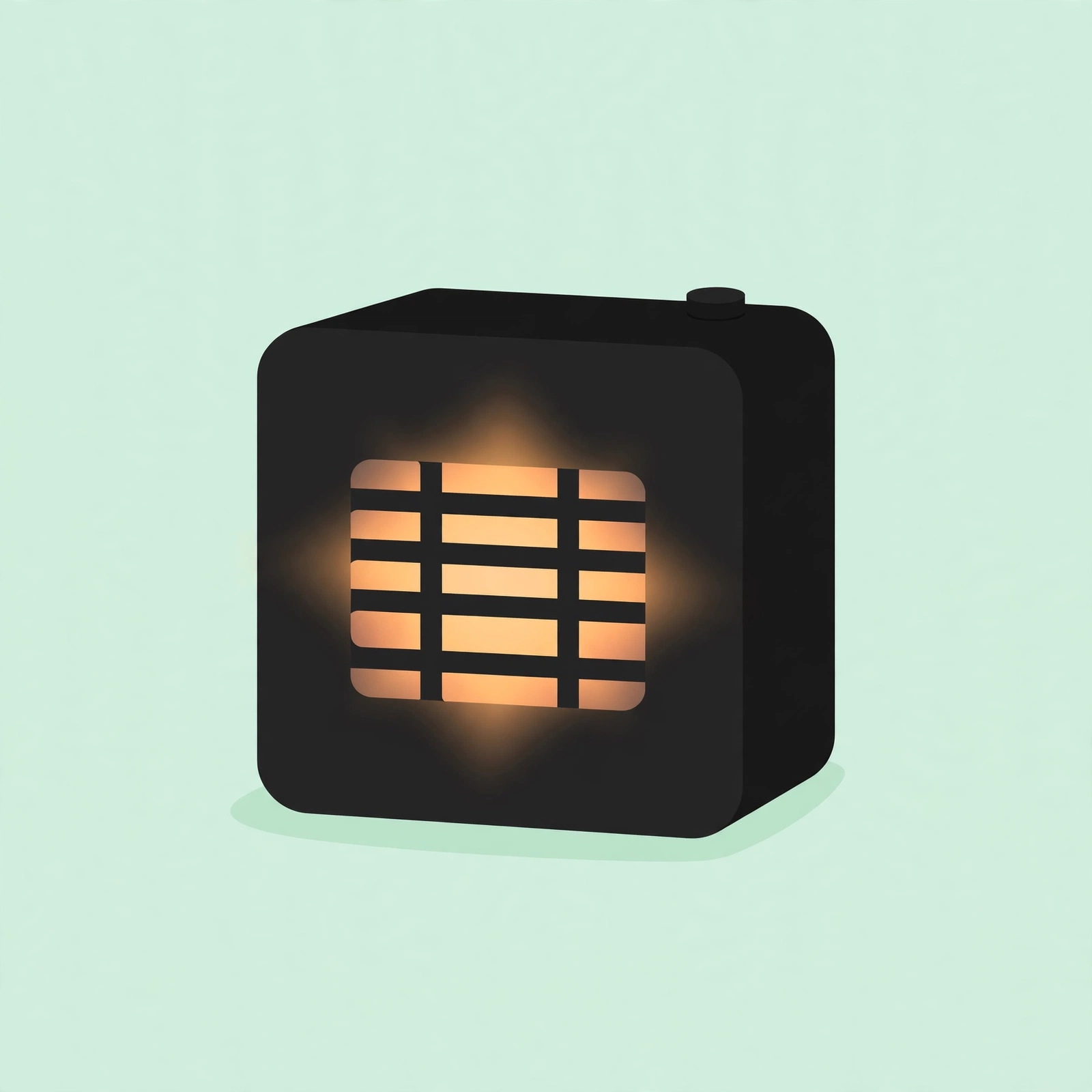 Illustration of a small black cube-shaped ceramic desk heater